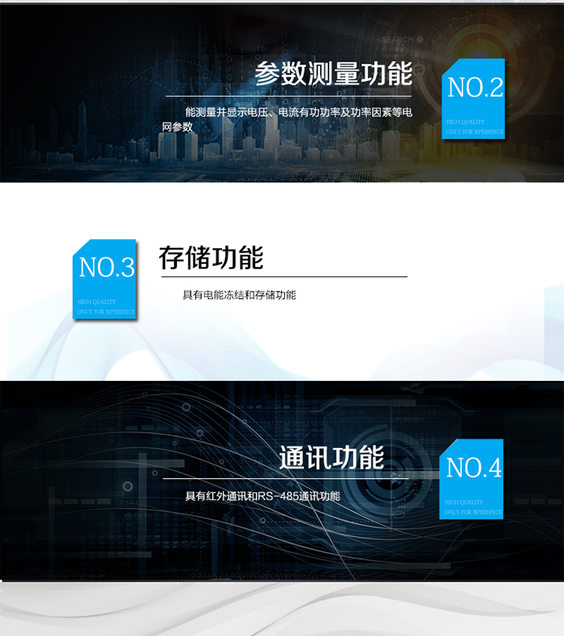 海興DTS208三相三線電能表主要功能
　　計(jì)量功能
　　具有有功電能量、無功電能量計(jì)量功能;具有計(jì)量分相有功電能量功能。
　　分時(shí)計(jì)量功能
　  支持尖、峰、平、谷四個(gè)費(fèi)率;內(nèi)置兩套時(shí)區(qū)表、兩套日時(shí)段表，可以按需編程配置,并可設(shè)定兩套時(shí)區(qū)表切換時(shí)間和兩套日時(shí)段表切換時(shí)間，實(shí)現(xiàn)相互切換;每套費(fèi)率時(shí)段可設(shè)置14個(gè)時(shí)區(qū)、8個(gè)日時(shí)段表、4個(gè)費(fèi)率(尖、峰、平、谷)，每個(gè)日時(shí)段表可設(shè)置14個(gè)時(shí)段，時(shí)段可以跨越零點(diǎn)設(shè)置;支持公休日設(shè)置，可設(shè)置254個(gè)節(jié)假日。
　　測量功能
　　能測量電壓、電流、有功功率、無功功率、視在功率以及功率因數(shù)等電網(wǎng)參數(shù)，并具有最大需量測量功能。測量準(zhǔn)確度高，可以達(dá)到0.5級(jí)以內(nèi)標(biāo)準(zhǔn)。
　　數(shù)據(jù)存儲(chǔ)功能
　　電量可存儲(chǔ)當(dāng)前及上12個(gè)結(jié)算日的歷史數(shù)據(jù);支持多種凍結(jié)方式，包括：日凍結(jié)、整點(diǎn)凍結(jié)、定時(shí)凍結(jié)、瞬時(shí)凍結(jié)、約定凍結(jié)。
　　事件記錄功能
　　分別記錄最近10次掉電、編程、校時(shí)、開表蓋、跳閘、合閘、事件清零、電表清零。
　　通信功能
　　具備1路遠(yuǎn)紅外通訊接口、2路RS-485通訊接口，三路通訊端口互相獨(dú)立。通訊規(guī)約符合DL/T645-2007及其備案文件。
　　費(fèi)控功能
　　內(nèi)置繼電器可選配，支持遠(yuǎn)程拉合閘控制功能，對(duì)用戶進(jìn)行遠(yuǎn)程通斷電控制。
　　用戶交互界面
　　采用大屏幕液晶顯示，提供豐富的圖形或文字提示信息;顯示內(nèi)容可通過按鍵循環(huán)查詢，顯示項(xiàng)目可通過通信口按需配置;提供液晶背光，方便查看。支持停電喚醒功能，能通過按鍵或非接觸方式喚醒電能表，實(shí)現(xiàn)屏幕顯示抄讀電量和紅外通信口抄讀電量等數(shù)據(jù)。