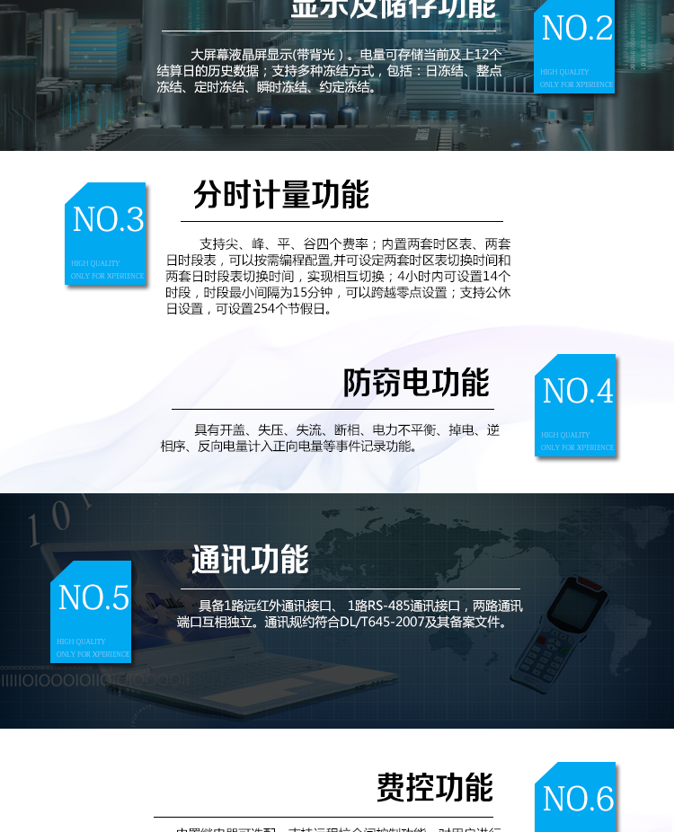 海興DTZY208三相四線電能表主要功能
　　計量功能
　　具有正、反向有功電能量、四象限無功電能量計量功能，并可據此設置組合有功和組合無功電能量。
　　分時計量功能
　　支持尖、峰、平、谷四個費率;內置兩套時區(qū)表、兩套日時段表，可以按需編程配置,并可設定兩套時區(qū)表切換時間和兩套日時段表切換時間，實現相互切換;4小時內可設置14個時段，時段最小間隔為15分鐘，可以跨越零點設置;支持公休日設置，可設置254個節(jié)假日。
　　測量功能
　　能測量電壓、電流、功率以及功率因數等電網參數;具有正反向有功、四象限無功最大需量測量功能。測量準確度高，可以達到0.5級以內標準。
　　數據存儲功能
　　支持多種凍結方式，包括：日凍結、整點凍結、定時凍結、瞬時凍結、約定凍結。
　　事件記錄功能
　　分別記錄最近10次掉電、編程、校時、開表蓋、跳閘、合閘、事件清零、電表清零。
　　通信功能
　　具備1路遠紅外通訊接口、 1路RS-485通訊接口，兩路通訊端口互相獨立。通訊規(guī)約符合DL/T645-2007及其備案文件。
　　費控功能
　　內置繼電器可選配，支持遠程拉合閘控制功能，對用戶進行遠程通斷電控制。采用20位數字碼的形式實現虛擬介質充值，安全可靠，管理靈活方便。支持遠程充值和本地遙控器充值，充值靈活便捷。
　　用戶交互界面
　　采用大屏幕液晶顯示，提供豐富的圖形或文字提示信息;顯示內容可通過按鍵循環(huán)查詢，顯示項目可通過通信口按需配置;提供液晶背光，方便查看。支持停電喚醒功能，能通過按鍵或非接觸方式喚醒電能表，實現屏幕顯示抄讀電量和紅外通信口抄讀電量等數據。