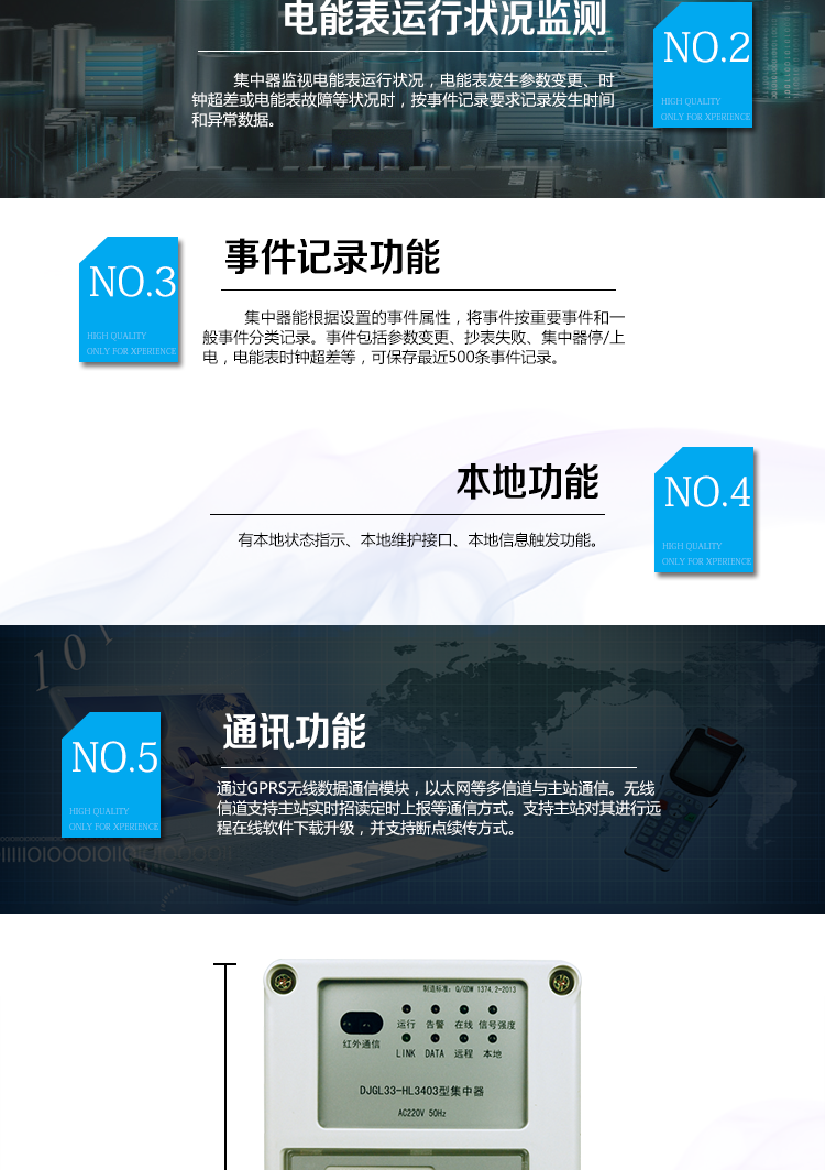 華立DJGL33-HL3403微型集中器主要功能
　　數(shù)據(jù)采集：能采集各電能表的實(shí)時(shí)電能示值、日零點(diǎn)凍結(jié)電能示值、抄表日零點(diǎn)凍結(jié)電能示值。帶有時(shí)標(biāo)。
　　數(shù)據(jù)管理和存儲(chǔ)：能按要求對(duì)采集數(shù)據(jù)進(jìn)行分類(lèi)存儲(chǔ)，如日凍結(jié)數(shù)據(jù)、抄表日凍結(jié)數(shù)據(jù)、曲線數(shù)據(jù)、歷史月數(shù)據(jù)等。曲線凍結(jié)數(shù)據(jù)密度為1小時(shí)。集中器抄表數(shù)量最大為192只。集中器存儲(chǔ)容量為32M。
　　電能表運(yùn)行狀況監(jiān)測(cè)：集中器監(jiān)視電能表運(yùn)行狀況，電能表發(fā)生參數(shù)變更、時(shí)鐘超差或電能表故障等狀況時(shí)，按事件記錄要求記錄發(fā)生時(shí)間和異常數(shù)據(jù)。
　　參數(shù)設(shè)置和查詢(xún)功能：可主站遠(yuǎn)程或手持設(shè)備本地設(shè)置和查詢(xún)檔案、通信參數(shù)等，
　　事件記錄：集中器能根據(jù)設(shè)置的事件屬性，將事件按重要事件和一般事件分類(lèi)記錄。事件包括參數(shù)變更、抄表失敗、集中器停/上電，電能表時(shí)鐘超差等，可保存最近500條事件記錄。
　　本地功能：有本地狀態(tài)指示、本地維護(hù)接口、本地信息觸發(fā)功能
　　通訊功能：通過(guò)GPRS無(wú)線數(shù)據(jù)通信模塊，以太網(wǎng)等多信道與主站通信。無(wú)線信道支持主站實(shí)時(shí)招讀、定時(shí)上報(bào)等通信方式。支持主站對(duì)其進(jìn)行遠(yuǎn)程在線軟件下載升級(jí)，并支持?jǐn)帱c(diǎn)續(xù)傳方式。