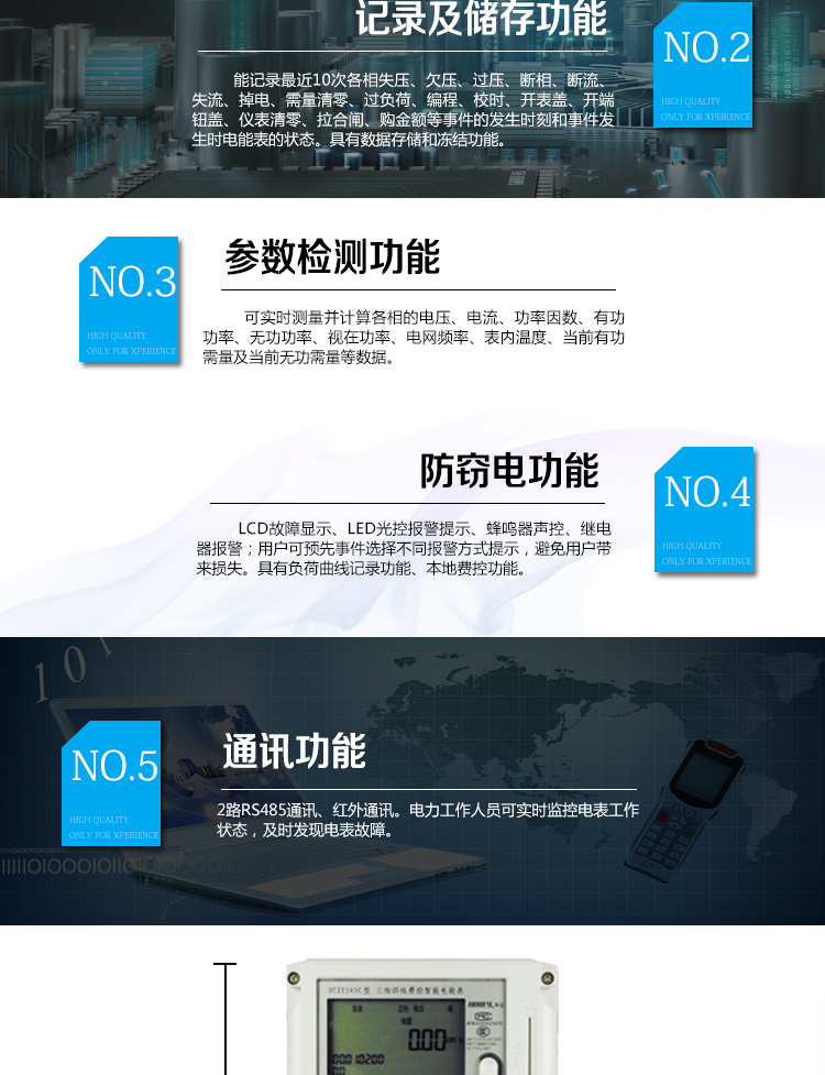 華立DTZY545C電能表主要功能　　具有正反向有功電能量和四象限無(wú)功電能量計(jì)量功能?！　⌒枇坑涗浌δ埽河涗浾?、反向有功以及正反向有功各費(fèi)率最大需量及其出現(xiàn)的日期和時(shí)間。能存儲(chǔ)12個(gè)月的結(jié)算周期最大需量數(shù)據(jù)。　　具有數(shù)據(jù)存儲(chǔ)和凍結(jié)功能。　　事件記錄：能記錄最近10次各相失壓、欠壓、過(guò)壓、斷相、斷流、失流、掉電、需量清零、過(guò)負(fù)荷、編程、校時(shí)、開(kāi)表蓋、開(kāi)端鈕蓋、儀表清零、拉合閘、購(gòu)金額等事件的發(fā)生時(shí)刻和事件發(fā)生時(shí)電能表的狀態(tài)。　　實(shí)時(shí)參數(shù)檢測(cè)：可實(shí)時(shí)測(cè)量并計(jì)算各相的電壓、電流、功率因數(shù)、有功功率、無(wú)功功率、視在功率、電網(wǎng)頻率、表內(nèi)溫度、當(dāng)前有功需量及當(dāng)前無(wú)功需量等數(shù)據(jù)?！　【哂泄收蠄?bào)警及負(fù)荷曲線記錄功能、本地費(fèi)控功能。　  通訊功能：RS485通訊、紅外通訊。