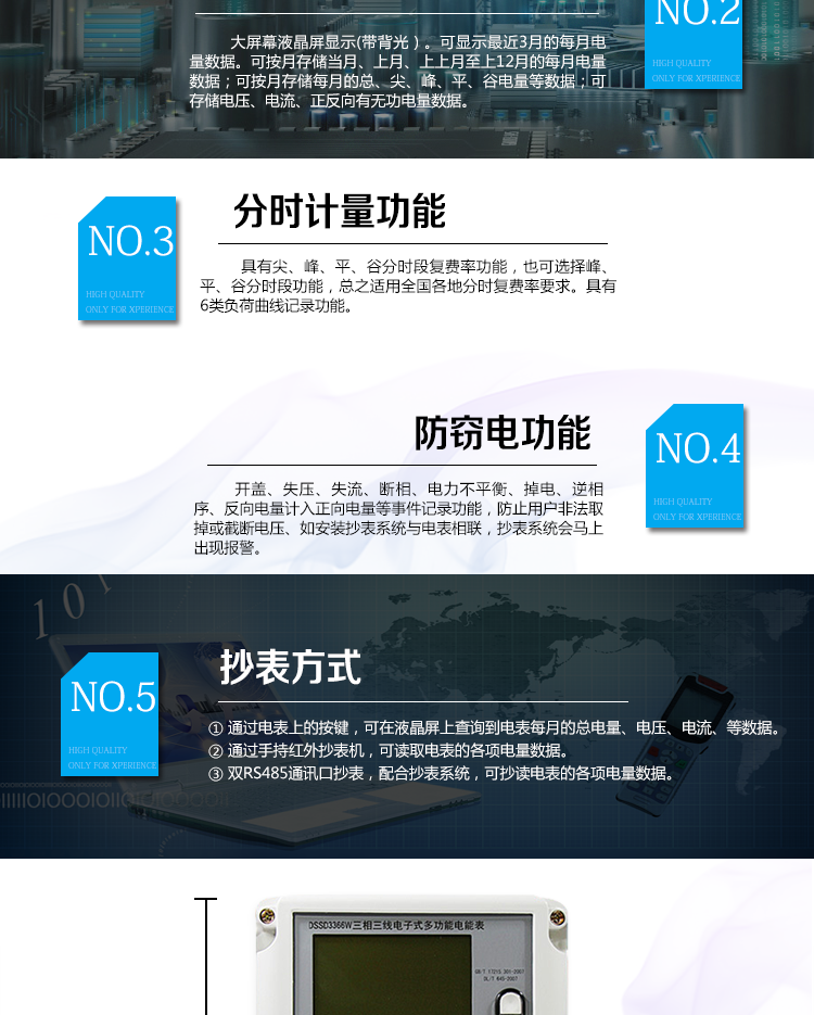 2、防竊電功能
① 開(kāi)蓋記錄功能，防止非法更改電路。
② 電壓合格率、失壓記錄功能，防止用戶非法取掉或截?cái)嚯妷航泳€，如已發(fā)生，可通過(guò)記錄的時(shí)間核算所損失的電量，為追補(bǔ)電量提供依據(jù)。
③ 失流、斷相記錄功能，防止用戶非法短接電流接線，如已發(fā)生，可通過(guò)記錄的時(shí)間核算所損失的電量，為追補(bǔ)電量提供依據(jù)。
④ 電流不平衡記錄：可警惕用戶在電表接線的前端截取電量。
⑤ 掉電記錄功能，防止用戶非法取下電表的工作電源，如已發(fā)生，可通過(guò)記錄的時(shí)間核算所損失的電量，為追補(bǔ)電量提供依據(jù)。
⑥ 反向電量計(jì)入正向電量，用戶如將電流線接反，電表照樣正向走字，不具有竊電作用。
⑦ 逆相序報(bào)警，用戶非法接線，電表會(huì)報(bào)警，除非把線接正確，否則一直報(bào)警。
以上情況如發(fā)出，電表會(huì)出現(xiàn)報(bào)警標(biāo)志，如安裝抄表系統(tǒng)與電表相聯(lián)，抄表系統(tǒng)會(huì)馬上出現(xiàn)報(bào)警。