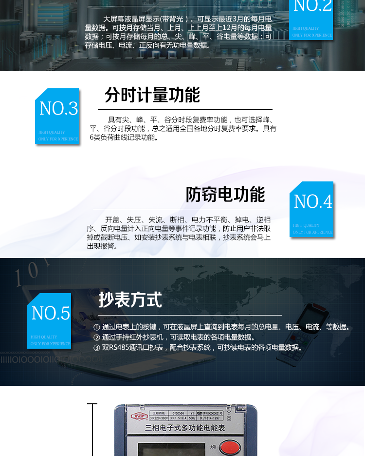 河南許繼DTSD566電能表防竊電功能 
① 開蓋記錄功能，防止非法更改電路。 
② 電壓合格率、失壓記錄功能，防止用戶非法取掉或截?cái)嚯妷航泳€，如已發(fā)生，可通過記錄的時(shí)間核算所損失的電量，為追補(bǔ)電量提供依據(jù)。 
③ 失流、斷相記錄功能，防止用戶非法短接電流接線，如已發(fā)生，可通過記錄的時(shí)間核算所損失的電量，為追補(bǔ)電量提供依據(jù)。 
④ 電流不平衡記錄：可警惕用戶在電表接線的前端截取電量。 
⑤ 掉電記錄功能，防止用戶非法取下電表的工作電源，如已發(fā)生，可通過記錄的時(shí)間核算所損失的電量，為追補(bǔ)電量提供依據(jù)。 
⑥ 反向電量計(jì)入正向電量，用戶如將電流線接反，電表照樣正向走字，不具有竊電作用。 
⑦ 逆相序報(bào)警，用戶非法接線，電表會(huì)報(bào)警，除非把線接正確，否則一直報(bào)警。 
以上情況如發(fā)出，電表會(huì)出現(xiàn)報(bào)警標(biāo)志，如安裝抄表系統(tǒng)與電表相聯(lián)，抄表系統(tǒng)會(huì)馬上出現(xiàn)報(bào)警。 