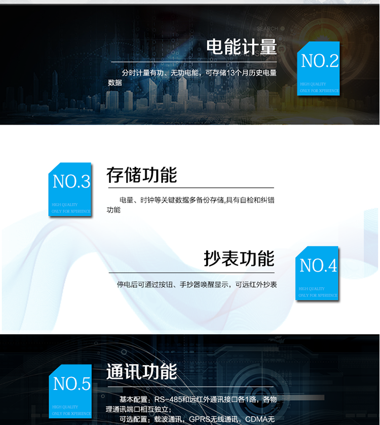 主要功能
　　寬視角、大屏幕液晶顯示，具有豐富的狀態(tài)指示與漢字輔助提示信息;
　　分時計量正向有功電量、反向有功電量、四象限無功電量，支持組合有功及四象限無功任意組合;計量分相的正向有功、反向有功和四象限無功電量;
　　分時計量正向有功、反向有功和四象限無功最大需量及發(fā)生時間;
　　最多可存儲13個月歷史電能和需量記錄，電量數(shù)據(jù)支持最多一月三次結(jié)算;
　　最大8費率(增加IC卡預(yù)付費功能后最大4費率)，主副兩套時段，時鐘雙備份自動糾錯;
　　雙備份數(shù)據(jù)存儲，自動參數(shù)糾錯;
　　可設(shè)置6類數(shù)據(jù)記錄負荷曲線，存儲容量達到2M字節(jié);
　　全面的事件記錄種類，具有防竊電開蓋檢測功能;
　　記錄并存儲13個月的電壓質(zhì)量統(tǒng)計數(shù)據(jù);
　　豐富的自檢、糾錯和報警功能;