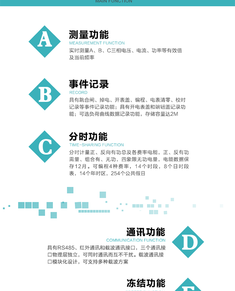 功能特點(diǎn)
內(nèi)嵌高速高精度的交流電壓電流采集模塊，采樣精度高，電能計(jì)量實(shí)時(shí)精確；
分時(shí)計(jì)量正、反向有功總及各費(fèi)率電能，正、反有功需量、組合有、無(wú)功，四象限無(wú)功電量，電能數(shù)據(jù)保存12月。
可編程4種費(fèi)率，14個(gè)時(shí)段，8個(gè)日時(shí)段表，14個(gè)年時(shí)區(qū)，254個(gè)公共假日。
采用寬溫大視角LCD顯示，具有參數(shù)自動(dòng)輪顯和按鍵顯示功能。
具有RS485、紅外通訊和載波通訊接口，三個(gè)通訊接口物理層獨(dú)立，可同時(shí)通訊而互不干擾。
內(nèi)嵌高性能的載波模塊，其通信能力的可靠性實(shí)現(xiàn)了主站的遠(yuǎn)程控制，載波通訊接口模塊化設(shè)計(jì)，可支持多種載波方案；
具有CPU卡接口實(shí)現(xiàn)本地費(fèi)控，并具有遠(yuǎn)程費(fèi)控功能；
具有有、無(wú)功測(cè)試脈沖輸出；具有多功能輸出功能和異常報(bào)警輸出功能。
實(shí)時(shí)測(cè)量A、B、C三相電壓、電流、功率等有效值及當(dāng)前頻率。
具有失壓、斷相、失流、全失壓、電壓逆相序、欠壓、過(guò)壓、過(guò)流、斷流、電流不平衡、過(guò)載、總功率因數(shù)超下限、停來(lái)電、編程、需量清零、校時(shí)等記錄功能。
具有停電按鍵喚醒功能、停電紅外喚醒功能，并可以停電喚醒紅外抄表。
具有故障信息提示、報(bào)警（液晶、報(bào)警燈）功能。