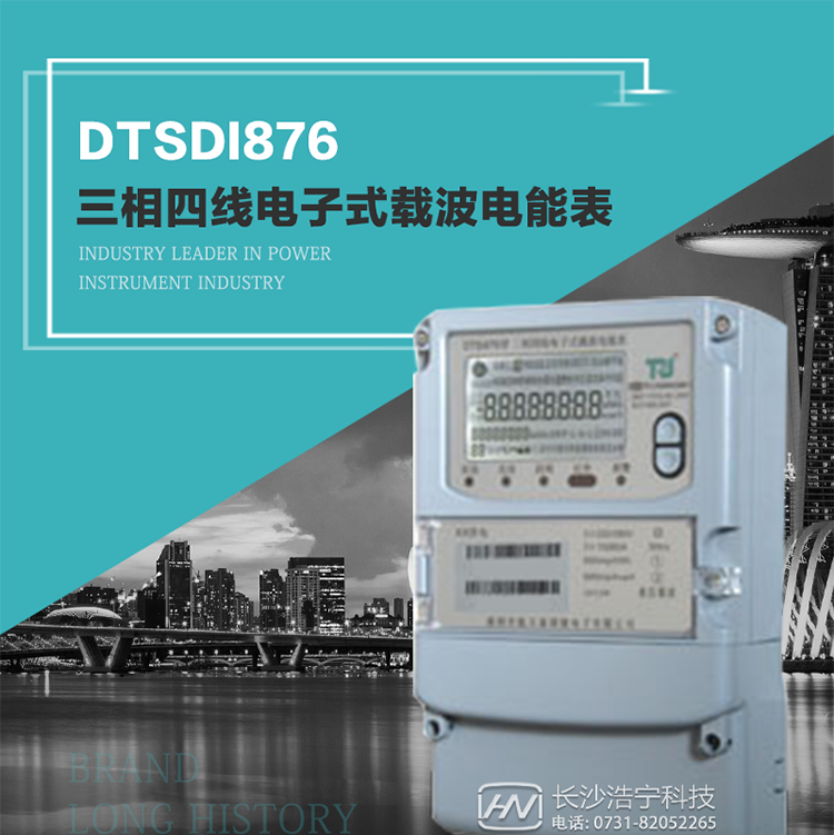 產(chǎn)品型號(hào)：DTSDI876 型三相四線電子式載波電能表
精度等級(jí)：有功1級(jí),無功2級(jí) 
額定電壓： 3×100V 、 3×57.7/100V、 3×220/380V 
額定電流： 0.3(1.2)A～30(100)A 
頻 率： 50HZ 
工作溫度：-40℃～+70℃ 
顯示方式： 液晶 
整機(jī)功耗： 
重量： 約2.3kg 
外形尺寸： 265mm?170mm?75mm