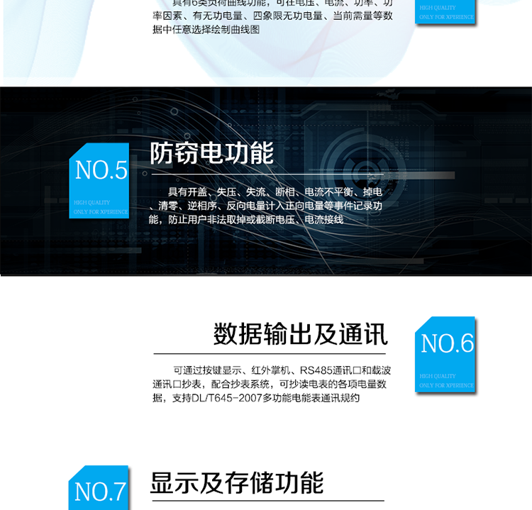 　主要功能
　　電能計量功能
　　可分時計量有功、無功、正向有功、反向有功、正向無功、反向無功電量和四象限無功等電量。
　　最大需量測量功能
　　可測量雙向有功、雙向無功和四象限無功的最大需量及其發(fā)生時間。
　　參數(shù)測量監(jiān)視功能
　　可監(jiān)測各相電壓、電流實時值，三相總及A、B、C各相有功功率、無功功率、功率因數(shù)、相角、相位等實時參數(shù)。