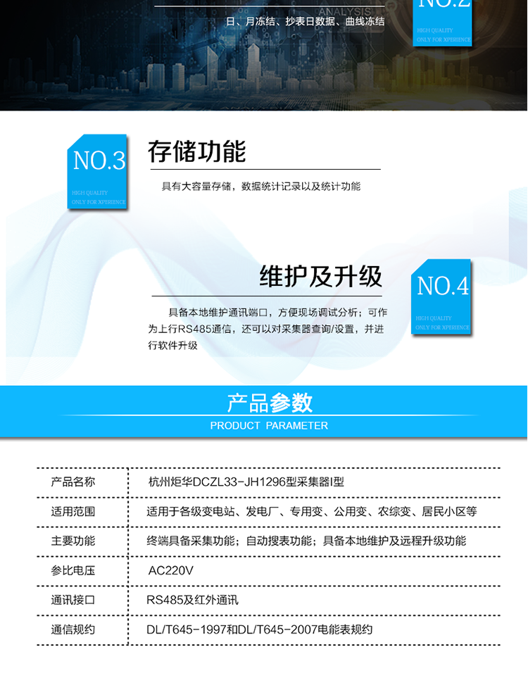 產(chǎn)品特點
?按照用戶的設(shè)置，定時和實時采集多個用戶電能表的電能信息。并將它處理后通過電力載波方式傳送到集中器中。支持DL/T645-1997和DL/T645-2007電能表規(guī)約
? 采集方式及采集類型：采集方式：直抄、定時抄收、自動補(bǔ)抄
　　　　　　　　　　　數(shù)據(jù)類型：日、月凍結(jié)、抄表日數(shù)據(jù)、曲線凍結(jié)
?本地維護(hù)通信接口：可作為上行RS485通信，還可以對采集器查詢/設(shè)置，并進(jìn)行軟件升級
?具備自動搜表功能
?具有大容量存儲，數(shù)據(jù)統(tǒng)計記錄以及統(tǒng)計功能。
?具備本地維護(hù)通訊端口，方便現(xiàn)場調(diào)試分析。