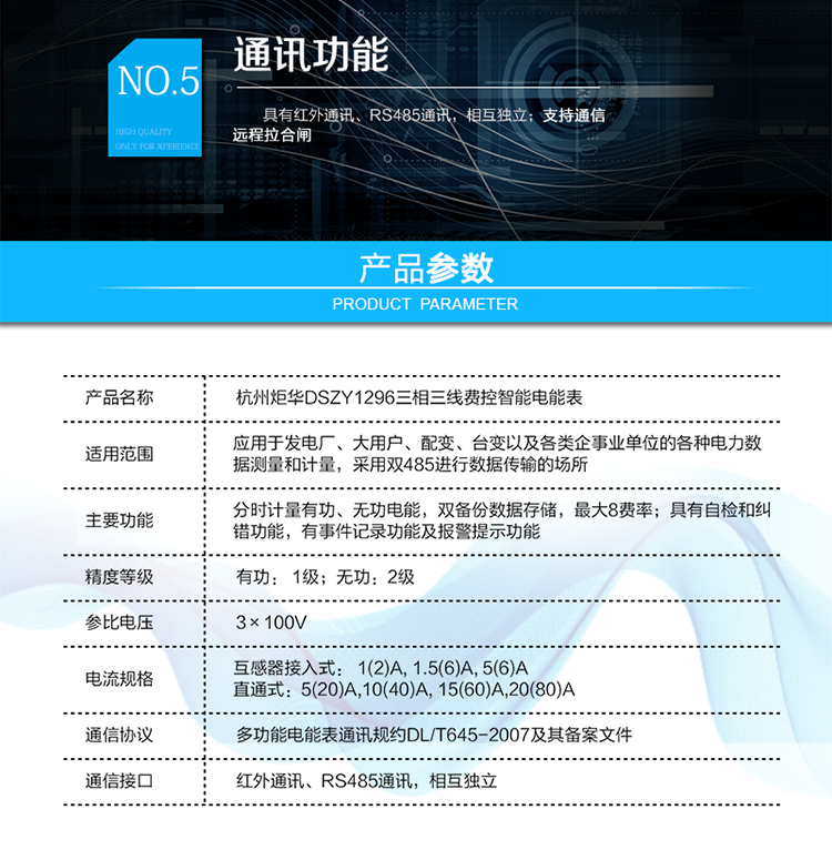 DSZY1296 三相三線1級(jí)費(fèi)控智能電能表
產(chǎn)品標(biāo)準(zhǔn):
?GB/T 17215.211-2006《交流電測(cè)量設(shè)備 通用要求、試驗(yàn)和試驗(yàn)條件 第11部分：測(cè)量設(shè)備》
?GB/T 17215.321-2008《交流電測(cè)量設(shè)備 特殊要求21部分：靜止式有功電能表（1級(jí)和2級(jí)）》
?GB/T 17215.323-2008《交流電測(cè)量設(shè)備 特殊要求23部分：靜止式無功電能表（2級(jí)和3級(jí)）》
?GB/T 17215.301-2007《多功能電能表特殊要求》
?Q/GDW 1354-2013《智能電能表功能規(guī)范》
?Q/GDW 1356-2013《三相智能電能表型式規(guī)范》
?Q／GDW 1827-2013《三相智能電能表技術(shù)規(guī)范》
?Q／GDW 1365-2013《智能電能表信息交換安全認(rèn)證技術(shù)規(guī)范》
?DL/T 645-2007《多功能電能表通信協(xié)議》