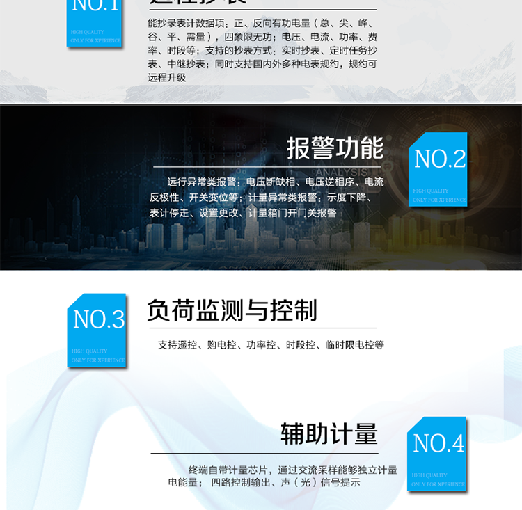 產(chǎn)品特點(diǎn)
遠(yuǎn)程抄表：
能抄錄表計(jì)數(shù)據(jù)項(xiàng)：正、反向有功電量（總、尖、峰、谷、平、需量），四象限無(wú)功；
電壓、電流、功率、費(fèi)率、時(shí)段等；
支持的抄表方式：實(shí)時(shí)抄表、定時(shí)任務(wù)抄表、中繼抄表；
同時(shí)支持國(guó)內(nèi)外多種電表規(guī)約，規(guī)約可遠(yuǎn)程升級(jí)；
用電現(xiàn)場(chǎng)檢測(cè)
遠(yuǎn)行異常類(lèi)報(bào)警：電壓斷缺相、電壓逆相序、電流反極性、開(kāi)關(guān)變位等；
計(jì)量異常類(lèi)報(bào)警：示度下降、表計(jì)停走、設(shè)置更改、計(jì)量箱門(mén)開(kāi)門(mén)關(guān)報(bào)警；
負(fù)荷監(jiān)測(cè)與控制
支持遙控、購(gòu)電控、功率控、時(shí)段控、臨時(shí)限電控等；