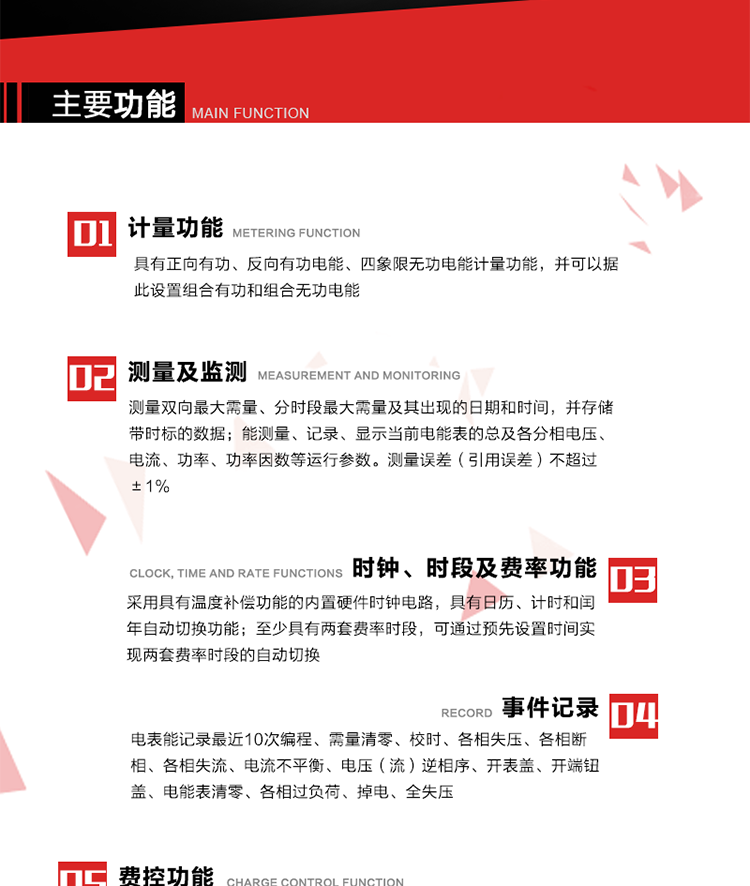 主要功能
1. 　電能計量
具有正向有功、反向有功電能、四象限無功電能計量功能，并可以據(jù)此設置組合有功和組合無功電能。
2. 　需量計量
測量雙向最大需量、分時段最大需量及其出現(xiàn)的日期和時間，并存儲帶時標的數(shù)據(jù)。
3. 　測量及監(jiān)測
能測量、記錄、顯示當前電能表的總及各分相電壓、電流、功率、功率因數(shù)等運行參數(shù)。測量誤差（引用誤差）不超過±1%。
4. 　時鐘、時段及費率功能
采用具有溫度補償功能的內(nèi)置硬件時鐘電路，具有日歷、計時和閏年自動切換功能。內(nèi)部時鐘端子輸出頻率為1Hz。至少具有兩套費率時段，可通過預先設置時間實現(xiàn)兩套費率時段的自動切換。每套費率時段全年至少可設置2個時區(qū)，24小時內(nèi)至少可以設置8個時段，時段最小間隔為15分鐘，并且時段間隔大于表內(nèi)設定的需量周期值，時段可跨越零點設置。
5. 　費控功能 
電能表費控功能的實現(xiàn)方式通過公網(wǎng)等虛擬介質和遠程售電系統(tǒng)實現(xiàn)。
6. 　無線通信
通過無線通信與主站通信。支持在安全認證前提下，通過無線網(wǎng)絡信道修改費率時段表及電價。
7. 　事件記錄
電表能記錄最近10次編程、需量清零、校時、各相失壓、各相斷相、各相失流、電流不平衡、電壓（流）逆相序、開表蓋、開端鈕蓋、電能表清零、各相過負荷、掉電、全失壓。
8. 　凍結
具有定時凍結、瞬時凍結、約定凍結和日凍結功能。
9.　 負荷記錄
記錄正反向有功總電能、無功總電能、四象限無功總電能、組合有功、組合無功1、組合無功2，負荷記錄間隔時間可以在1～60min范圍內(nèi)設置，時間間隔為1min的情況下可記錄不少于40天的數(shù)據(jù)容量。
10. 　停電抄表
在停電狀態(tài)下，能通過按鍵或非接觸方式喚醒電能表，抄讀電能量等數(shù)據(jù)。
11. 擴展功能
計量視在電能、諧波電壓、電流、電量的監(jiān)測、電能質量監(jiān)測和計算鐵損、銅損。 