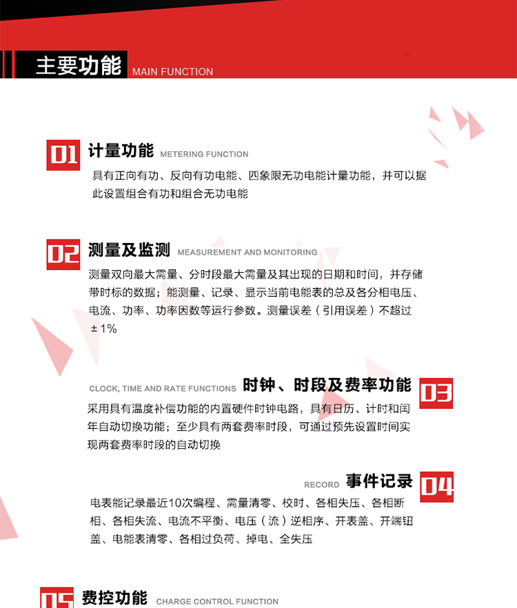 主要功能
1. 　電能計量
具有正向有功、反向有功電能、四象限無功電能計量功能，并可以據(jù)此設(shè)置組合有功和組合無功電能。
2. 　需量計量
測量雙向最大需量、分時段最大需量及其出現(xiàn)的日期和時間，并存儲帶時標(biāo)的數(shù)據(jù)。
3. 　測量及監(jiān)測
能測量、記錄、顯示當(dāng)前電能表的總及各分相電壓、電流、功率、功率因數(shù)等運(yùn)行參數(shù)。測量誤差（引用誤差）不超過±1%。
4. 　時鐘、時段及費(fèi)率功能
采用具有溫度補(bǔ)償功能的內(nèi)置硬件時鐘電路，具有日歷、計時和閏年自動切換功能。內(nèi)部時鐘端子輸出頻率為1Hz。至少具有兩套費(fèi)率時段，可通過預(yù)先設(shè)置時間實現(xiàn)兩套費(fèi)率時段的自動切換。每套費(fèi)率時段全年至少可設(shè)置2個時區(qū)，24小時內(nèi)至少可以設(shè)置8個時段，時段最小間隔為15分鐘，并且時段間隔大于表內(nèi)設(shè)定的需量周期值，時段可跨越零點設(shè)置。
5. 　費(fèi)控功能 
電能表費(fèi)控功能的實現(xiàn)方式通過公網(wǎng)等虛擬介質(zhì)和遠(yuǎn)程售電系統(tǒng)實現(xiàn)。
6. 　 載波通信
在載波集中器和主站系統(tǒng)的配合下，可通過載波，按設(shè)定的采集方案定時數(shù)據(jù)采集，并可實時監(jiān)測電表運(yùn)行狀態(tài)。
7. 　事件記錄
電表能記錄最近10次編程、需量清零、校時、各相失壓、各相斷相、各相失流、電流不平衡、電壓（流）逆相序、開表蓋、開端鈕蓋、電能表清零、各相過負(fù)荷、掉電、全失壓。
8. 　凍結(jié)
具有定時凍結(jié)、瞬時凍結(jié)、約定凍結(jié)和日凍結(jié)功能。
9.　 負(fù)荷記錄
記錄正反向有功總電能、無功總電能、四象限無功總電能、組合有功、組合無功1、組合無功2，負(fù)荷記錄間隔時間可以在1～60min范圍內(nèi)設(shè)置，時間間隔為1min的情況下可記錄不少于40天的數(shù)據(jù)容量。
10. 　停電抄表
在停電狀態(tài)下，能通過按鍵或非接觸方式喚醒電能表，抄讀電能量等數(shù)據(jù)。
11. 擴(kuò)展功能
計量視在電能、諧波電壓、電流、電量的監(jiān)測、電能質(zhì)量監(jiān)測和計算鐵損、銅損。 