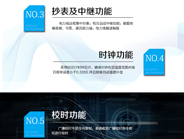 主要特點
1、有功電能計量精確，長期工作不需調(diào)校
2、電力線遠程集中抄表
3、相互自動中繼功能
4、數(shù)據(jù)傳輸準確、可靠、通訊能力強
5、電力線載波編程
6、采用8025T時鐘芯片，確保時鐘在寬溫度范圍內(nèi)每日頻率誤差小于0.328S.并且能夠自動溫度補償。
7、廣播校時不受任何限制，表端收到廣播校時命令即可進行校時
8、月凍結(jié)：按照指定的時間凍結(jié)正向總電量，每個凍結(jié)量至少保存12次