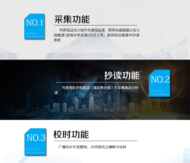 產(chǎn)品特點(diǎn)
該產(chǎn)品主要完成對(duì)RS485電表的電量采集，并且利用低壓電力線(xiàn)作為通信信道，把用電量數(shù)據(jù)以電力線(xiàn)載波(或微功率無(wú)線(xiàn))方式上傳，提供給遠(yuǎn)程集中抄表系統(tǒng)。
