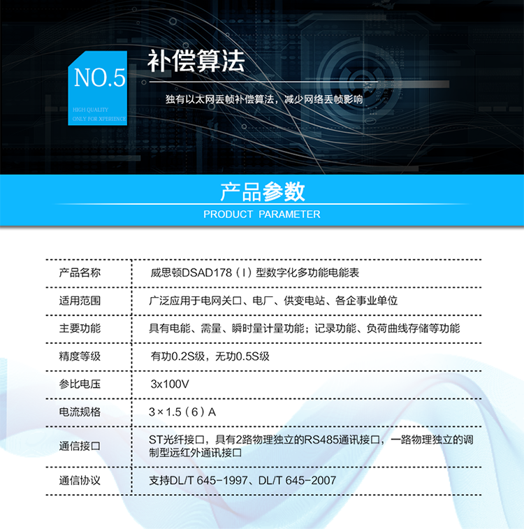 技術(shù)指標(biāo)
技術(shù)參數(shù)項(xiàng)目	項(xiàng)目?jī)?nèi)容
技術(shù)標(biāo)準(zhǔn)	GB/T 17215.322-2008  GB/T 17215.323-2008  DL/T 614-2007
Q/GDW 357-2009  Q/GDW 358-2009
通訊接口	與過程層通訊接口（可根據(jù)用戶要求定制）：
ST光纖接口，多模，波長(zhǎng)1300nm，100Mbps
 	與站控層或電量采集器通訊接口：
具有2路物理獨(dú)立的RS485通訊接口。
 	本地維護(hù)通訊接口：
具有一路物理獨(dú)立的調(diào)制型遠(yuǎn)紅外通訊接口。
通訊協(xié)議	與過程層通訊協(xié)議：
支持IEC61850-9-1、IEC61850-9-2、IEC61850-9-2LE、GMRP標(biāo)準(zhǔn)
 	與站控層或電量采集器通訊協(xié)議：
支持DL/T 645-1997、DL/T 645-2007
 	本地維護(hù)通訊協(xié)議：
支持DL/T 645-2007
工作電源	雙路冗余外接電源供電，可任意接入一路或同時(shí)接入兩路。
兩路電源均為交直流自適應(yīng)，電源輸入范圍為85V～265V。
采樣速率	支持4～12.8kHz采樣
整機(jī)功耗	<10VA
工作溫度	-25℃～+55℃
相對(duì)濕度	≤95%(無凝露)
時(shí)鐘誤差	≤0.5s/d（23℃）
負(fù)荷曲線存儲(chǔ)容量	4Mbytes