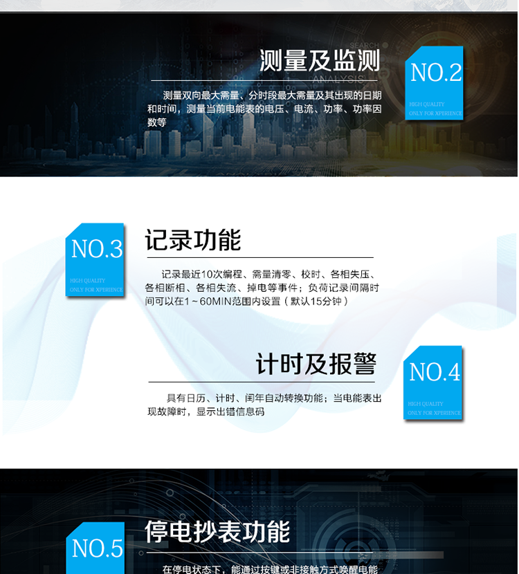 產(chǎn)品特點(diǎn)
采用專利技術(shù)開關(guān)電源供電，寬電壓工作范圍
采用獨(dú)有的抗浪涌措施，防雷性能強(qiáng)
功耗低，整機(jī)功耗<=1W、2VA，溫升低，整機(jī)壽命長(zhǎng)
抗過(guò)壓能力強(qiáng)，避免接錯(cuò)線或弄錯(cuò)電壓等級(jí)而損壞電表，且能支持高過(guò)載倍數(shù)
板間無(wú)接插件，連接可靠；主機(jī)經(jīng)過(guò)三防處理，能適應(yīng)復(fù)雜氣候，提高了整機(jī)壽命和平均無(wú)故障工作時(shí)間
采用雙物理器件存儲(chǔ)參數(shù)、計(jì)費(fèi)電能數(shù)據(jù)；每個(gè)物理器件內(nèi)數(shù)據(jù)保存三份，確保在強(qiáng)干擾環(huán)境中參數(shù)和計(jì)費(fèi)數(shù)據(jù)完整、可靠
接口功能豐富：可提供雙路RS485接口，雙路負(fù)荷報(bào)警接口，四路電能脈沖輸出，一路時(shí)鐘脈沖輸出，停電抄表輸入
豐富的軟件模塊，功能擴(kuò)展方便，可擴(kuò)展電壓及功率因數(shù)合格率等電能質(zhì)量數(shù)據(jù)、可存儲(chǔ)半年以上的大容量負(fù)荷曲線數(shù)據(jù)等
采用模塊化設(shè)計(jì)，GPRS/CDMA模塊與計(jì)量模塊獨(dú)立，安裝方便，可后期擴(kuò)充
采用業(yè)內(nèi)先進(jìn)的GPRS/CDMA模塊，可快速安全的實(shí)現(xiàn)數(shù)據(jù)連接，永久在線
可以當(dāng)?shù)?遠(yuǎn)方修改參數(shù)，并且支持當(dāng)?shù)?遠(yuǎn)方軟件在線升級(jí)
支持GPRS、CSD、SMS、CDMA等通訊方式，并支持VPN虛擬專網(wǎng)及公網(wǎng)等多種組網(wǎng)模式
采用超級(jí)電容和鋰電池兩種停電后備方式，保證停電報(bào)警功能可靠
綜合防竊電功能：
    硬件方面：采用防竊電外殼，并有相應(yīng)的施封點(diǎn)，用電戶在不破壞鉛封的前提下，無(wú)法改動(dòng)電壓電流線，也無(wú)法對(duì)編程按鍵操作來(lái)改動(dòng)電表參數(shù)
    軟件方面：三級(jí)密碼防護(hù)
在線實(shí)時(shí)監(jiān)測(cè)，并通過(guò)用電異常信息的記錄及主動(dòng)上傳（通過(guò)GPRS/CDMA網(wǎng)絡(luò)上傳失壓、斷相、掉電/上電、過(guò)壓等異常事件）進(jìn)行防竊電報(bào)警
電表自檢信息記錄及上報(bào)（硬件故障、時(shí)鐘故障、電池電壓低等）