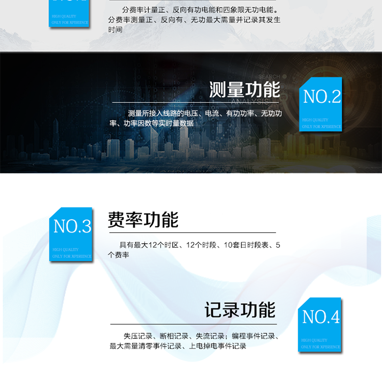 主要功能
電能計量功能
具有正、反向有功, 無功四象限電能計量功能；
具有分時計量功能；具有計量分相有功電能量功能。
需量測量功能
有功需量測量、無功需量測量、結(jié)算日需量
實時量測量功能
測量、記錄、顯示當(dāng)前電能表的總及各分相電壓、電流、功率、功率因數(shù)、頻率、表內(nèi)溫度等運行參數(shù)。
提供越限監(jiān)測功能。
時鐘功能
采用具有溫度補償功能的內(nèi)置硬件時鐘電路，具有日歷、計時和閏年自動切換功能。
費率、時段功能
事件記錄功能
凍結(jié)功能
定時凍結(jié)、瞬時凍結(jié)、約定凍結(jié)、日凍結(jié)、整點凍結(jié)
負荷記錄功能
電壓合格率統(tǒng)計功能
可記錄12個月的電壓統(tǒng)計數(shù)據(jù)。
報警功能
光報警、聲報警、LCD顯示報警
安全防護功能
密碼防護、編程開關(guān)防護
通訊功能
至少具有一個紅外通信接口、兩個RS485通信接口。
校時功能
可通過RS485、紅外等通信接口對電能表校時。
電表清零功能
停電抄表功能
在停電狀態(tài)下，能通過按鍵或非接觸方式喚醒電能表，實現(xiàn)屏幕顯示抄讀電量和紅外通信口抄讀到當(dāng)前電量和最近一次結(jié)算電量等數(shù)據(jù)。
輔助電源*（可選項）
保電功能*（可選項）
遠程保電功能、自保電功能
