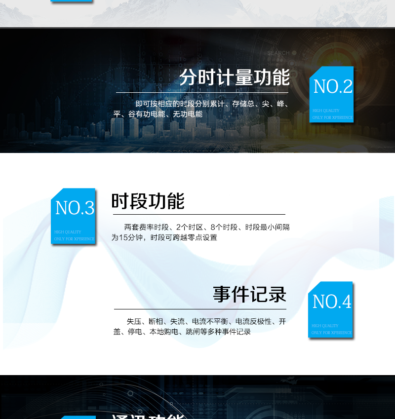 主要功能特點(diǎn)
　　A.正向有功、反向有功電能、四象限無(wú)功電能計(jì)量功能，并可以據(jù)此設(shè)置組合有功和組合無(wú)功電能。
　　B.分時(shí)計(jì)量功能，即可按相應(yīng)的時(shí)段分別累計(jì)、存儲(chǔ)總、尖、峰、平、谷有功電能、無(wú)功電能;
　　C.兩套費(fèi)率時(shí)段、2個(gè)時(shí)區(qū)、8個(gè)時(shí)段、時(shí)段最小間隔為15分鐘，時(shí)段可跨越零點(diǎn)設(shè)置;
　　D.失壓、斷相、失流、電流不平衡、電流反極性、開(kāi)蓋、停電、本地購(gòu)電、跳閘等多種事件記錄;
　　E.內(nèi)置(或外置)繼電器，先付費(fèi)后用電，欠費(fèi)本地自動(dòng)跳閘;
　　F.遠(yuǎn)程通訊，可通過(guò)SMS、GPRS、Etheme等多種方式與后臺(tái)系統(tǒng)實(shí)現(xiàn)數(shù)據(jù)交互，支持TCP、UDP協(xié)議;
　　G.遠(yuǎn)程抄表，能抄錄外接電表正、反向有功電量、四象限無(wú)功、電壓、電流等瞬時(shí)量數(shù)據(jù)，支持實(shí)時(shí)抄表、定時(shí)任務(wù)抄表、主站輪召同時(shí)支持多種電表通訊規(guī)約;